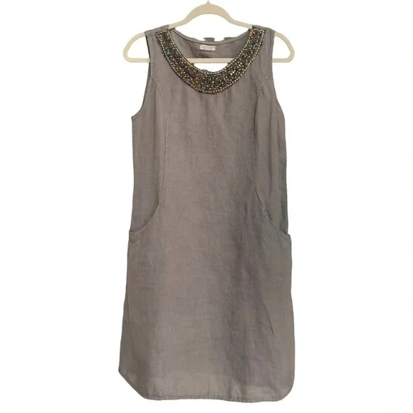 Lina Tomei Dresses Lina Tomei Beaded Gray Linen Dress Pockets